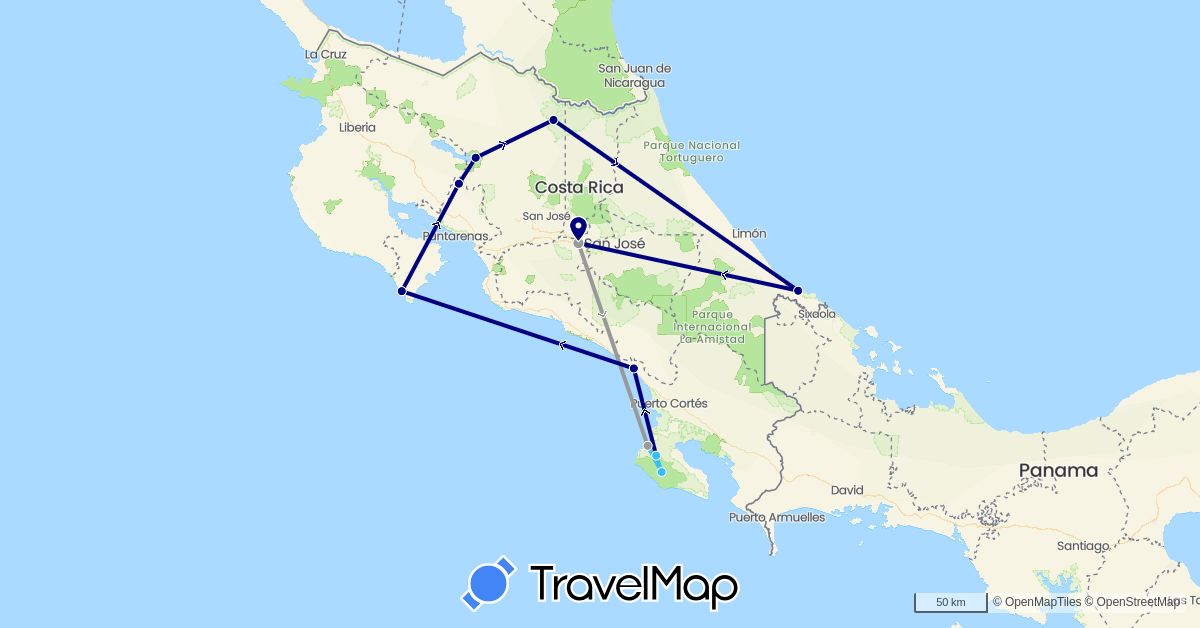 TravelMap itinerary: driving, plane, boat in Costa Rica (North America)